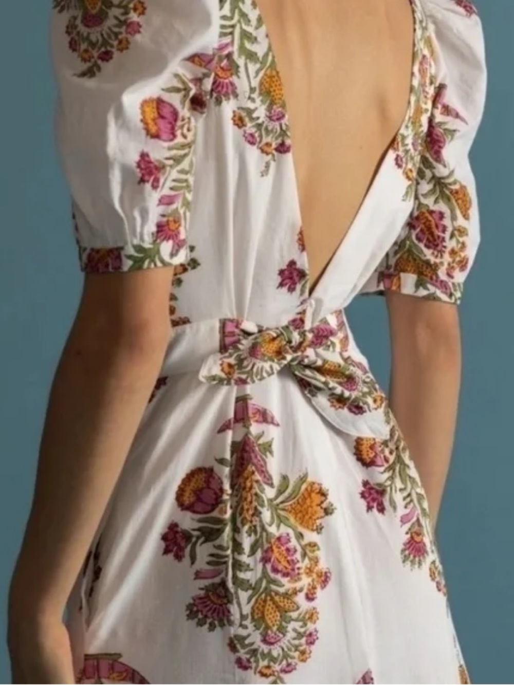 Alix of Bohemia Bianca Belle Hand-Printed Floral Midi Dress Small White Pink - Picture 2 of 10